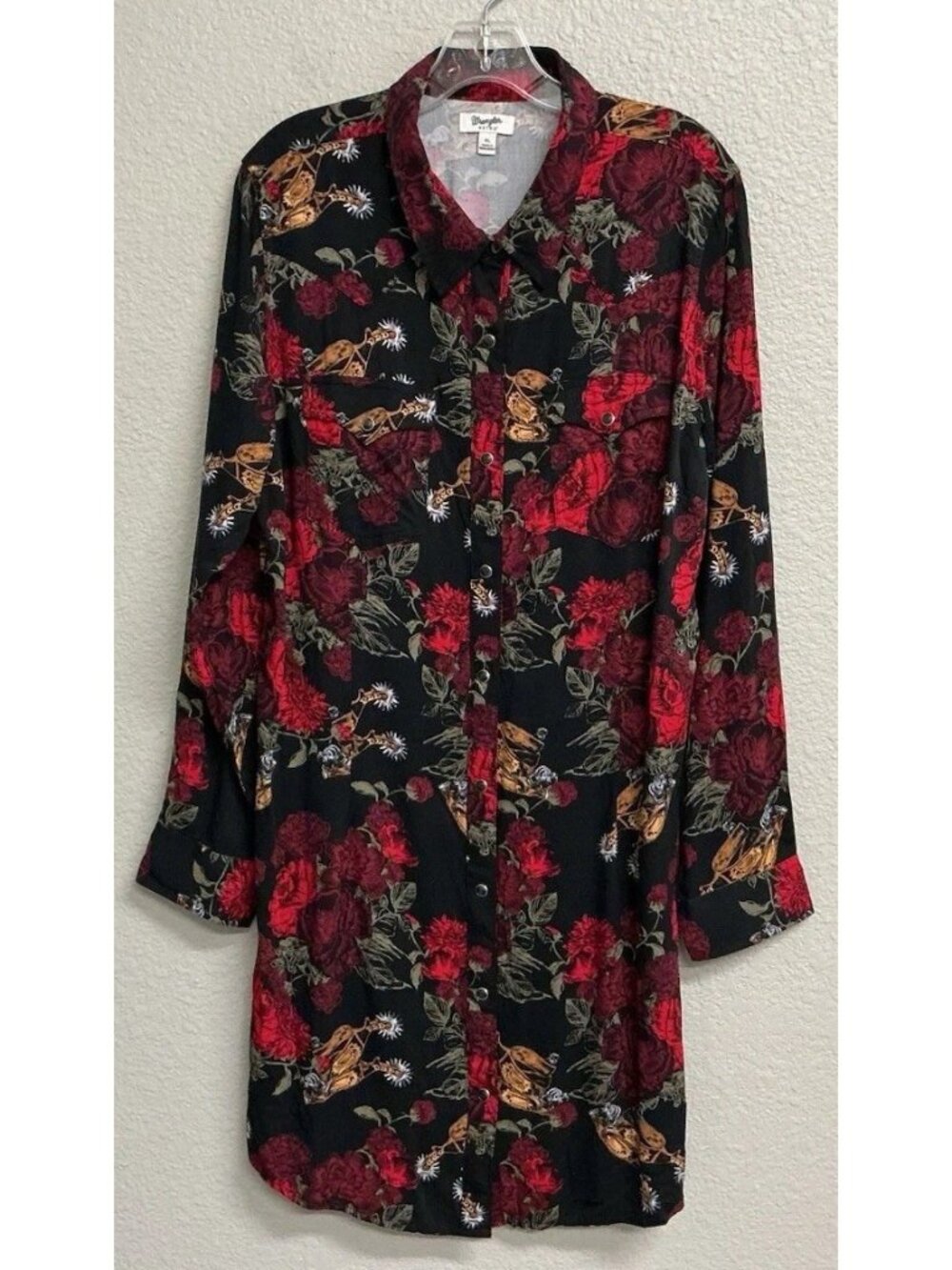 Wrangler Retro Women's Sz XL Floral Western Snap Mini Dress Black Red Rodeo